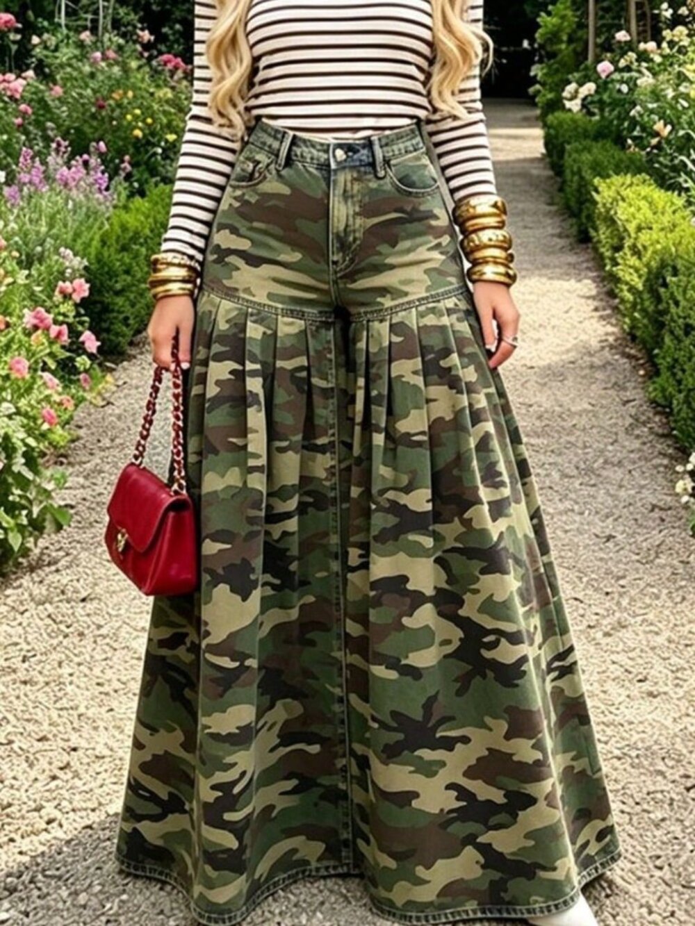 Camo Boho Women's High-Waist Flared Maxi Skirt - Picture 3 of 5